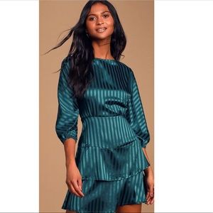 Lulu’s Teal Striped Satin Tiered Ruffle Mini Dress